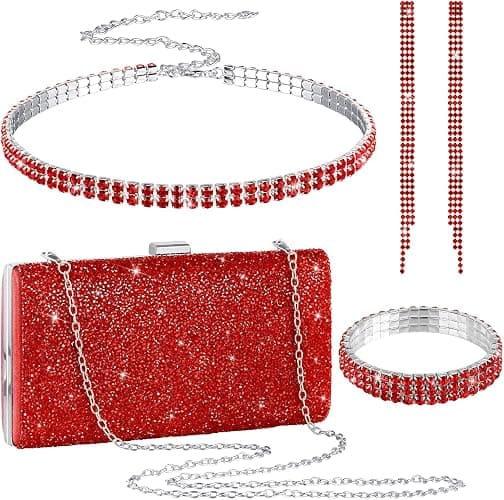 Kigeli 4 Pcs Women Rhinestone Evening Clutch Bag & Jewelry Set